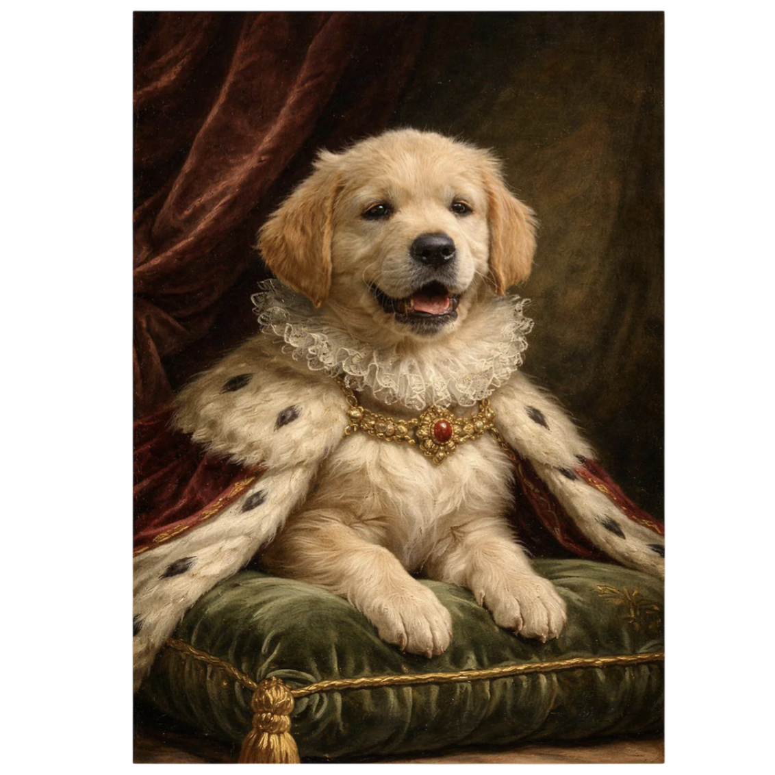 A painting of a golden retriever puppy dressed regally in a lavish outfit, with a ruffled collar, jewel, and cloak, sitting on a green cushion.