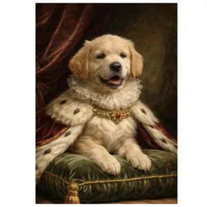 A painting of a golden retriever puppy dressed regally in a lavish outfit, with a ruffled collar, jewel, and cloak, sitting on a green cushion.