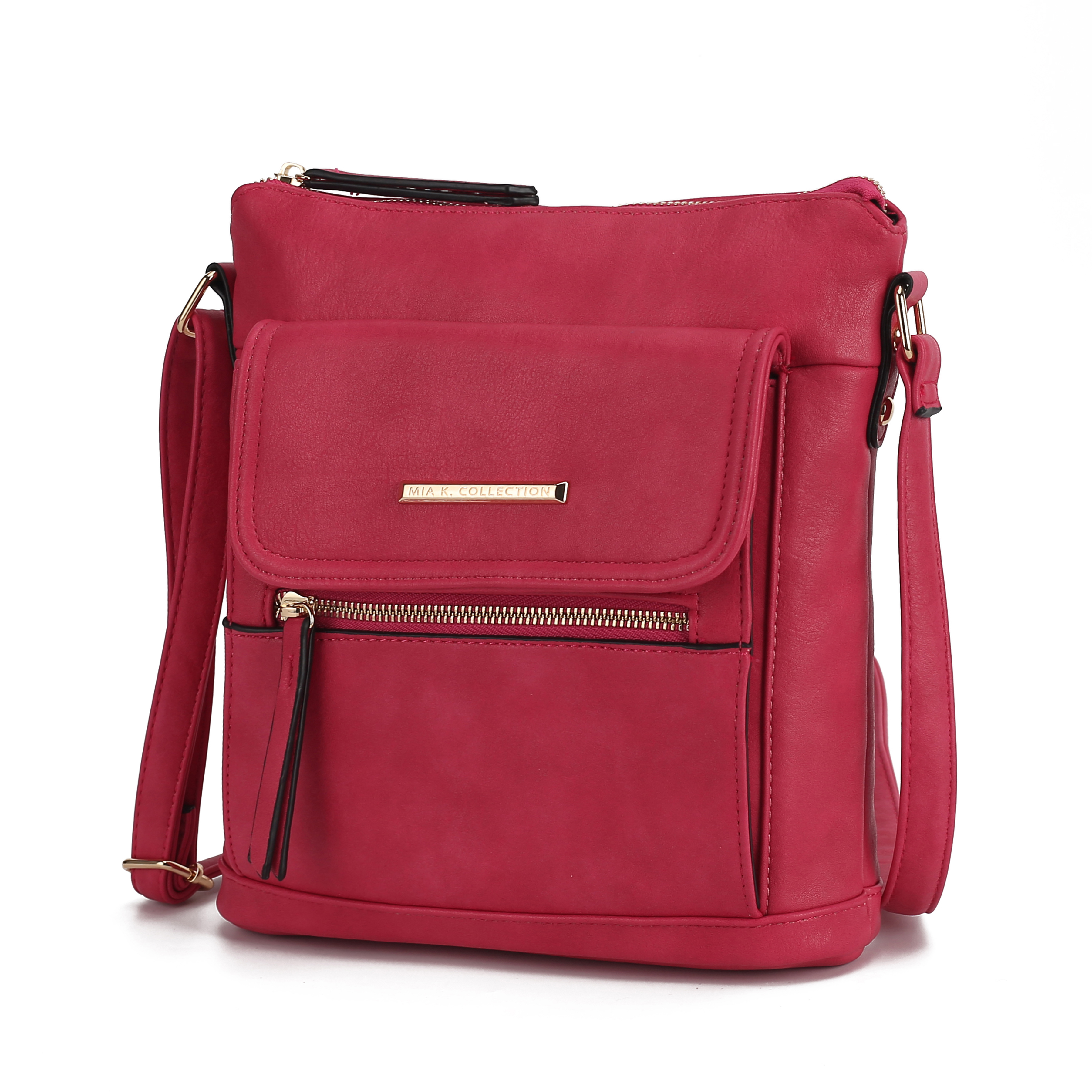 Red crossbody bag with a large front flap pocket, zippered compartment, and adjustable shoulder strap.