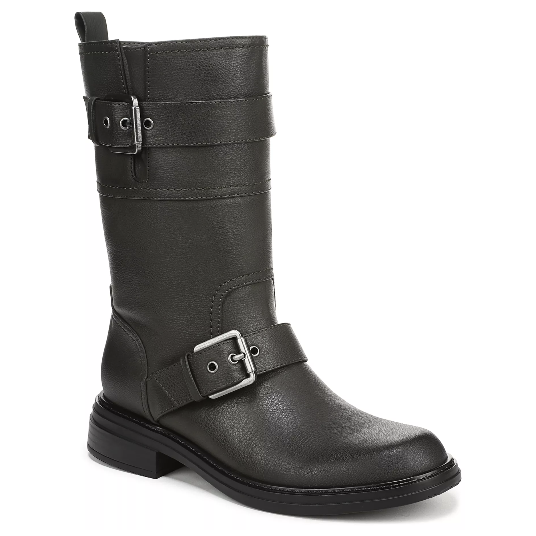 Black mid-calf leather boot with two adjustable straps featuring metal buckles, and a low block heel.
