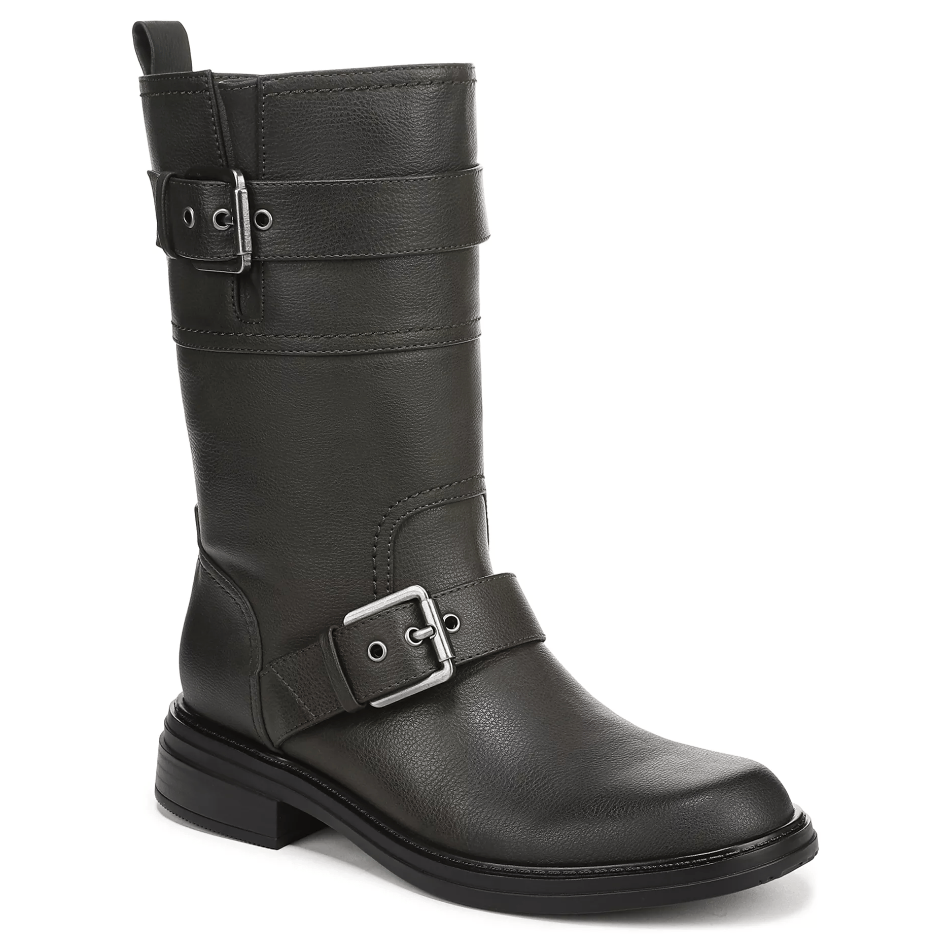 Black mid-calf leather boot with two adjustable straps featuring metal buckles, and a low block heel.