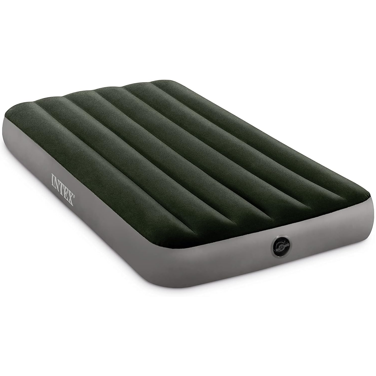 The Intex Twin Air Mattress 10\“ features a dark green, soft top surface with a gray base and horizontal air chambers for support. It includes an integrated valve for easy inflation and deflation.