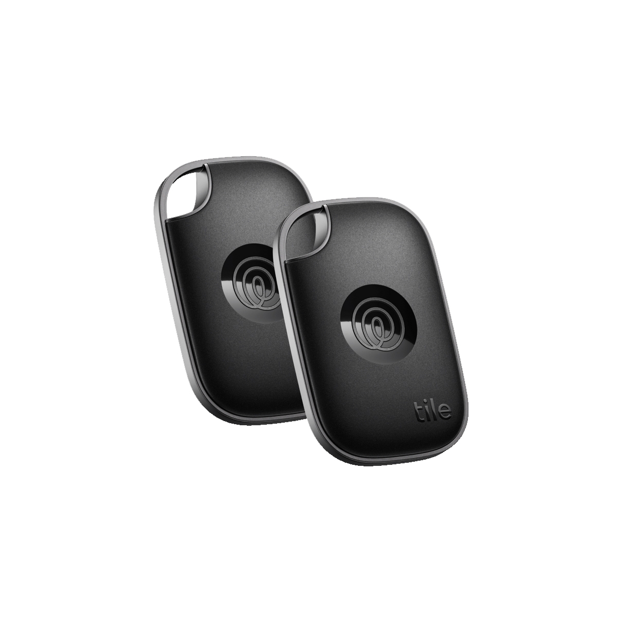Two Tile Pro Bluetooth trackers in black with a sleek design, featuring a central button for activation.