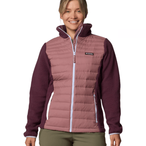 Columbia jacket with a quilted pink front and dark purple fleece sleeves, featuring a full-length zipper and zippered pockets.