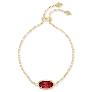 Elaina Gold Adjustable Chain Bracelet features a gold chain with a central oval-shaped red gemstone, adorned with a chic sliding clasp for adjustable sizing.