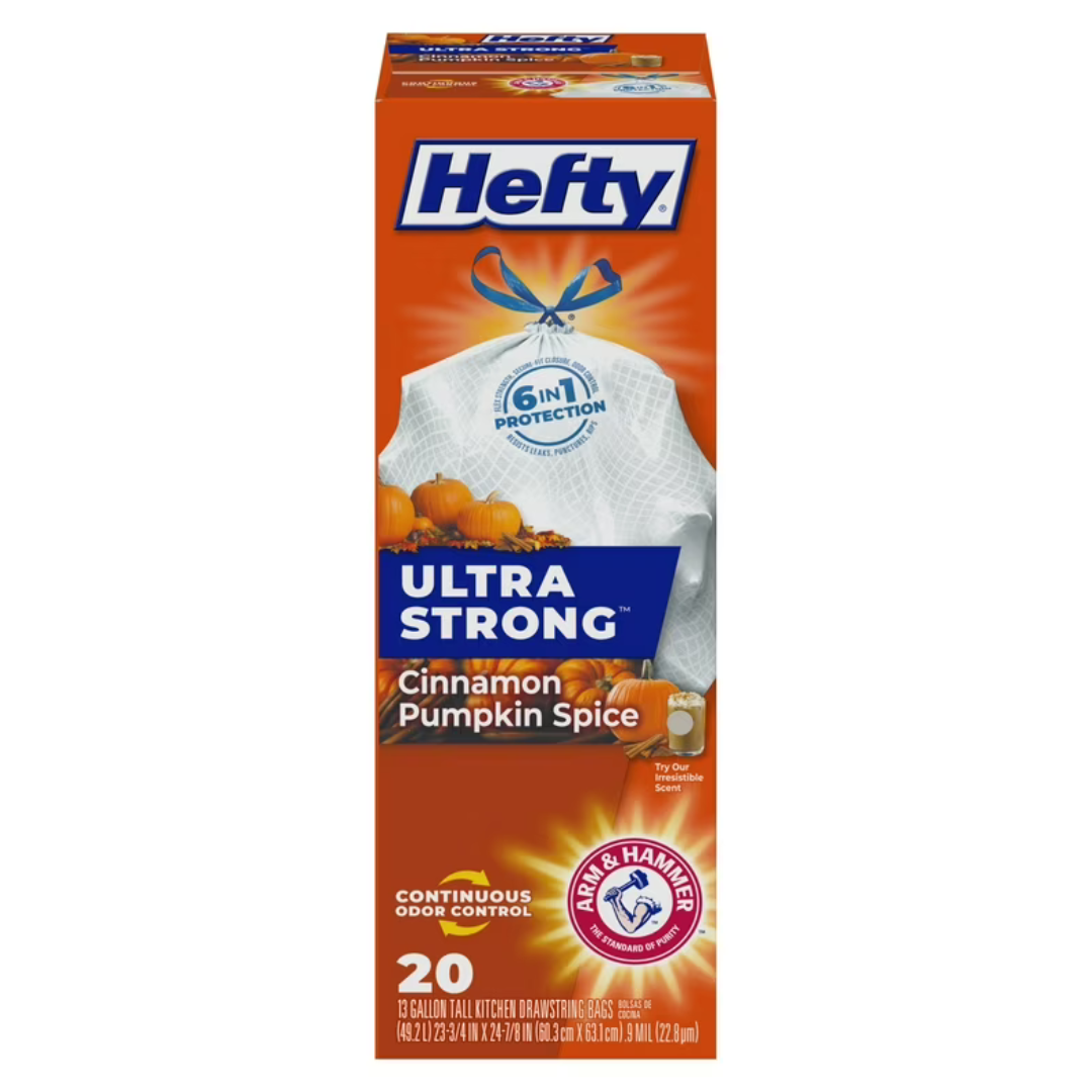 Hefty Ultra Strong trash bags with a cinnamon pumpkin spice scent, featuring 6-in-1 protection and continuous odor control, include 20 drawstring bags, each 13-gallon size.