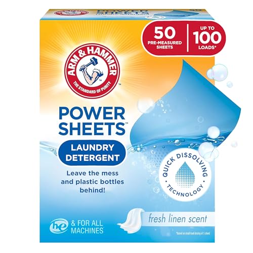 Arm & Hammer Power Sheets Laundry Detergent box, containing 50 pre-measured sheets with a fresh linen scent, advertises quick dissolving technology for both high-efficiency and all washer types.