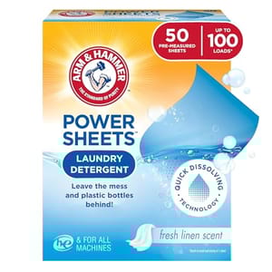 Arm & Hammer Power Sheets Laundry Detergent box, containing 50 pre-measured sheets with a fresh linen scent, advertises quick dissolving technology for both high-efficiency and all washer types.