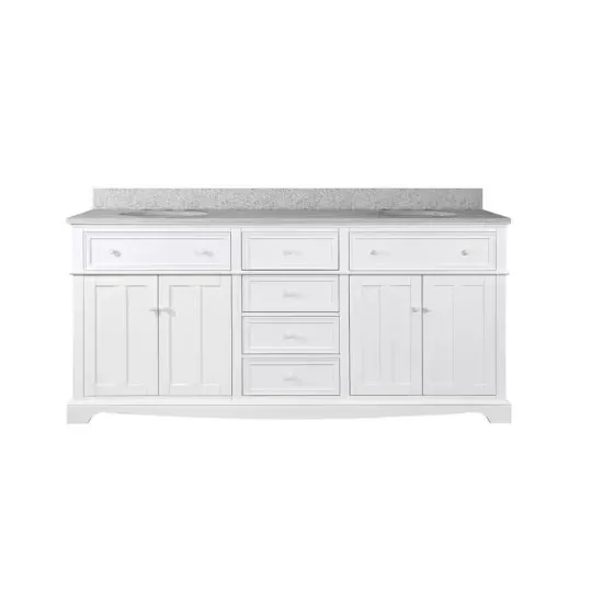 A white bathroom vanity with a speckled countertop, featuring two large cabinets, five drawers, and a backsplash.
