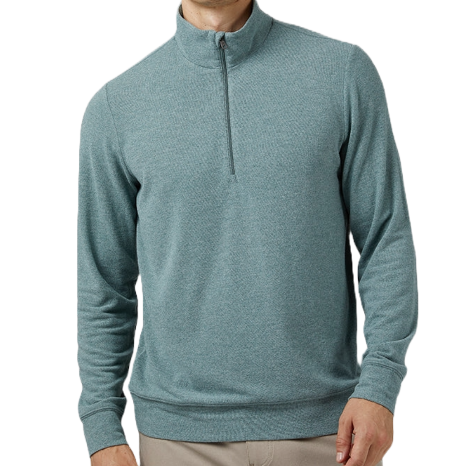 A teal half-zip sweater-knit top with a high collar and long sleeves.