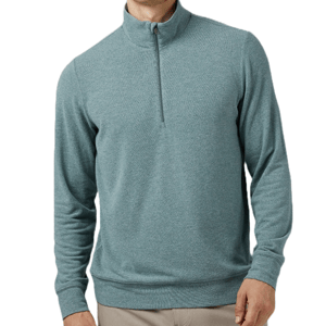 A teal half-zip sweater-knit top with a high collar and long sleeves.