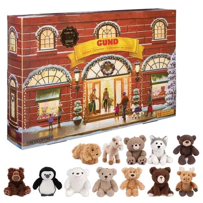GUND Advent Calendar set with a variety of 12 plush toy animals including bears, a penguin, and a dog.
