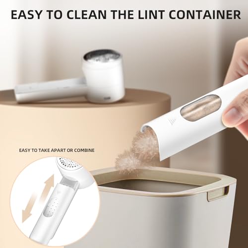 A handheld lint remover with an easy-to-clean container is being emptied into a waste bin. The inset shows how to take the device apart for cleaning.