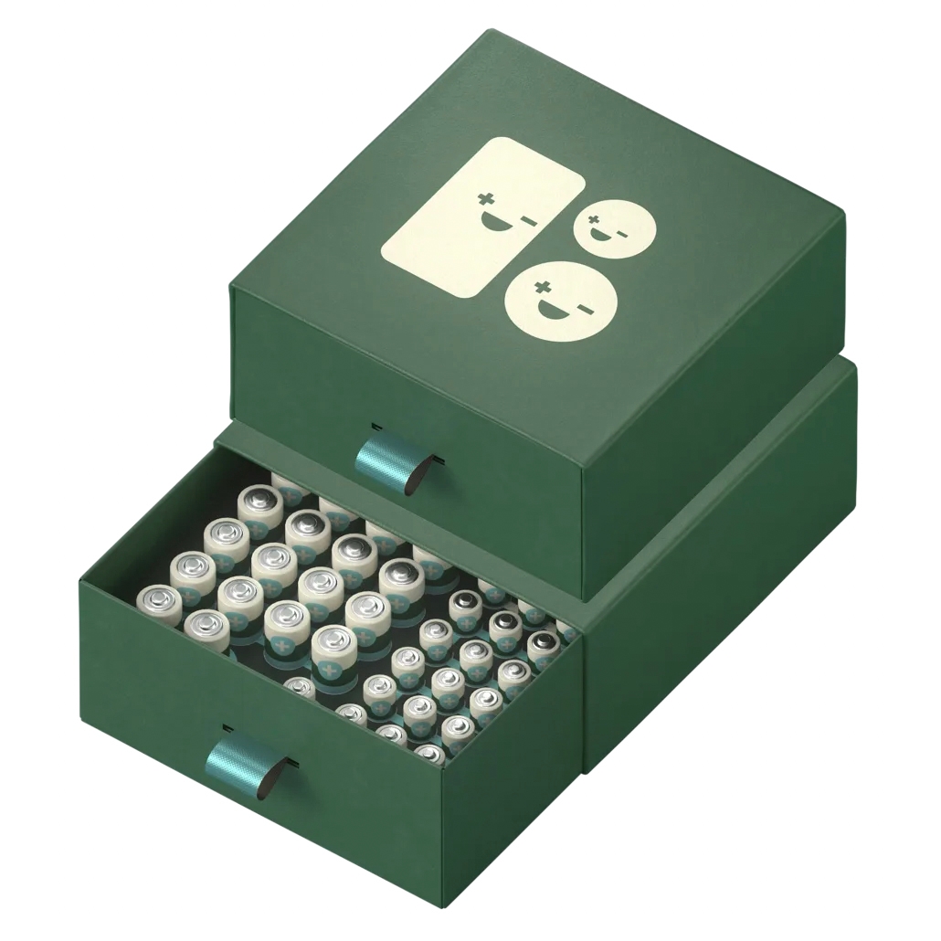A green box holds 92 carbon-neutral alkaline batteries of various sizes, organized neatly in a drawer with a simple design on the lid showing positive and negative symbols.