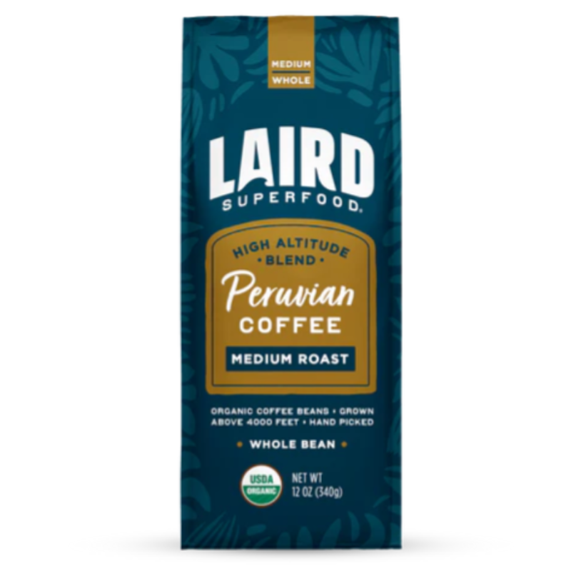 Laird Superfood Organic Peruvian Coffee, Medium Roast, 12 oz, features whole beans from high-altitude, hand-picked sources above 4000 feet. USDA Organic certified.