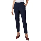 Navy blue tailored trousers paired with burgundy pointed-toe heels.