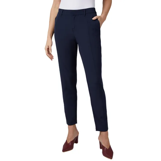 Navy blue tailored trousers paired with burgundy pointed-toe heels.