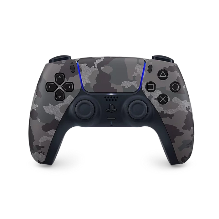 A PlayStation 5 DualSense controller with a gray camouflage design, featuring the classic button layout with analog sticks, a touchpad, and blue LED accents.