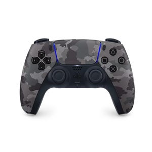 A PlayStation 5 DualSense controller with a gray camouflage design, featuring the classic button layout with analog sticks, a touchpad, and blue LED accents.