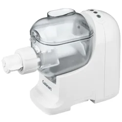 A white Cuisinart pasta maker with a transparent mixing chamber and control buttons on top. It features a nozzle for pasta extrusion.