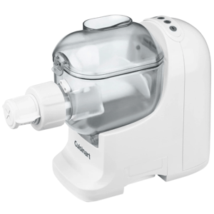 A white Cuisinart pasta maker with a transparent mixing chamber and control buttons on top. It features a nozzle for pasta extrusion.