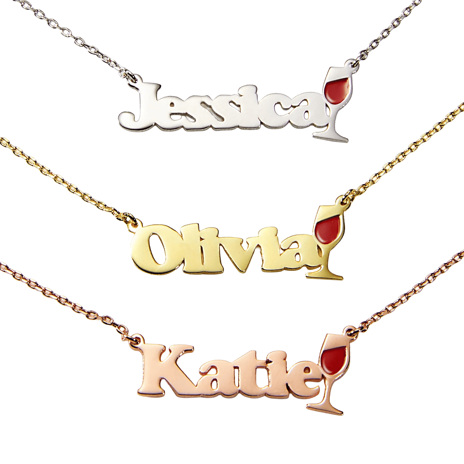 Three name necklaces in different metal tones (silver, gold, rose gold) featuring the names \“Jessica,\“ \“Olivia,\“ and \“Katie,\“ each with a wine glass design.