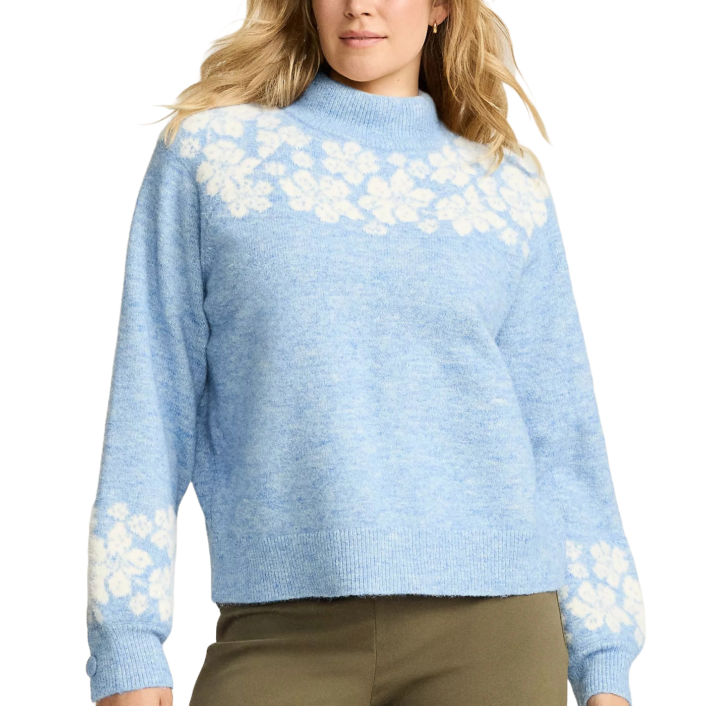 A light blue sweater with white floral patterns along the shoulders and sleeves, featuring a ribbed mock neck and cuffs.