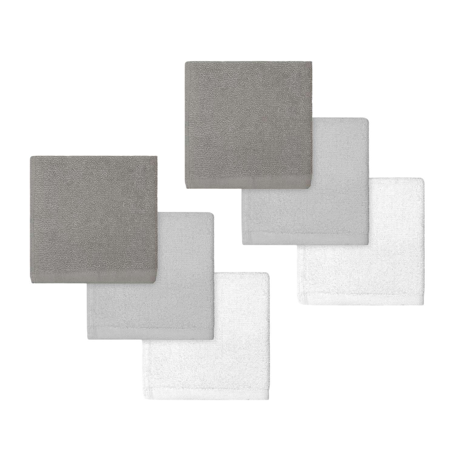 A set of square washcloths in three colors: dark gray, light gray, and white.