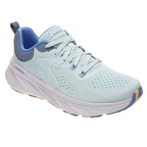 Light blue athletic running shoe with \“Skechers\“ branding, featuring breathable mesh upper, cushioned sole, and multicolored accents on the bottom.