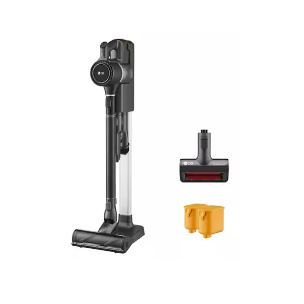 LG CordZero A9 vacuum cleaner with a sleek design includes a detachable nozzle and an extra battery. Comes with a compact cleaning head and an additional storage accessory.