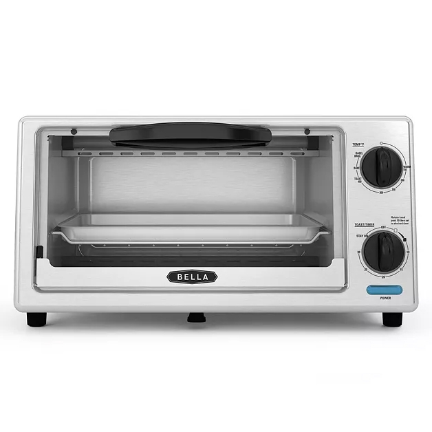 Bella Toaster Oven with a stainless steel finish, features two control knobs for temperature and timer settings, and includes a baking tray. The design is compact and modern, suitable for small kitchens.
