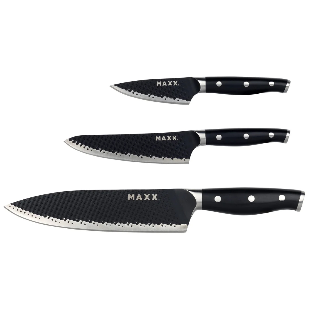 3-piece kitchen knife set with textured black blades and smooth black handles, featuring three rivets each. The set includes a paring knife, a utility knife, and a chef's knife, all marked \“MAXX\“ on the blade.