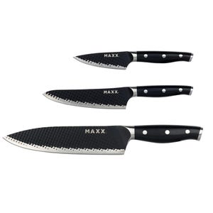 3-piece kitchen knife set with textured black blades and smooth black handles, featuring three rivets each. The set includes a paring knife, a utility knife, and a chef's knife, all marked \“MAXX\“ on the blade.