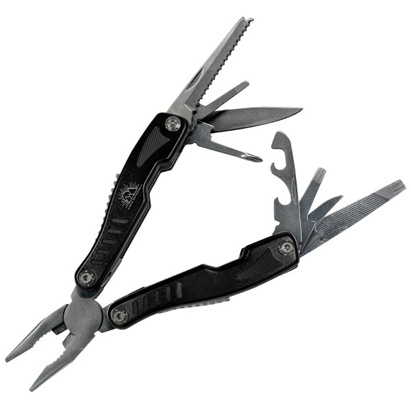 A multifunctional black-handled multitool featuring pliers, a serrated blade, a straight blade, screwdrivers, a bottle opener, and a metal file.