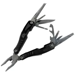 A multifunctional black-handled multitool featuring pliers, a serrated blade, a straight blade, screwdrivers, a bottle opener, and a metal file.