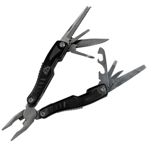 A multifunctional black-handled multitool featuring pliers, a serrated blade, a straight blade, screwdrivers, a bottle opener, and a metal file.