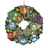 A festive wreath showcases an artistic representation of the \“Twelve Days of Christmas\“ with vibrant ornaments numbered 1 to 12, each depicting a unique scene from the traditional song encircled by holly, pinecones, and berries.