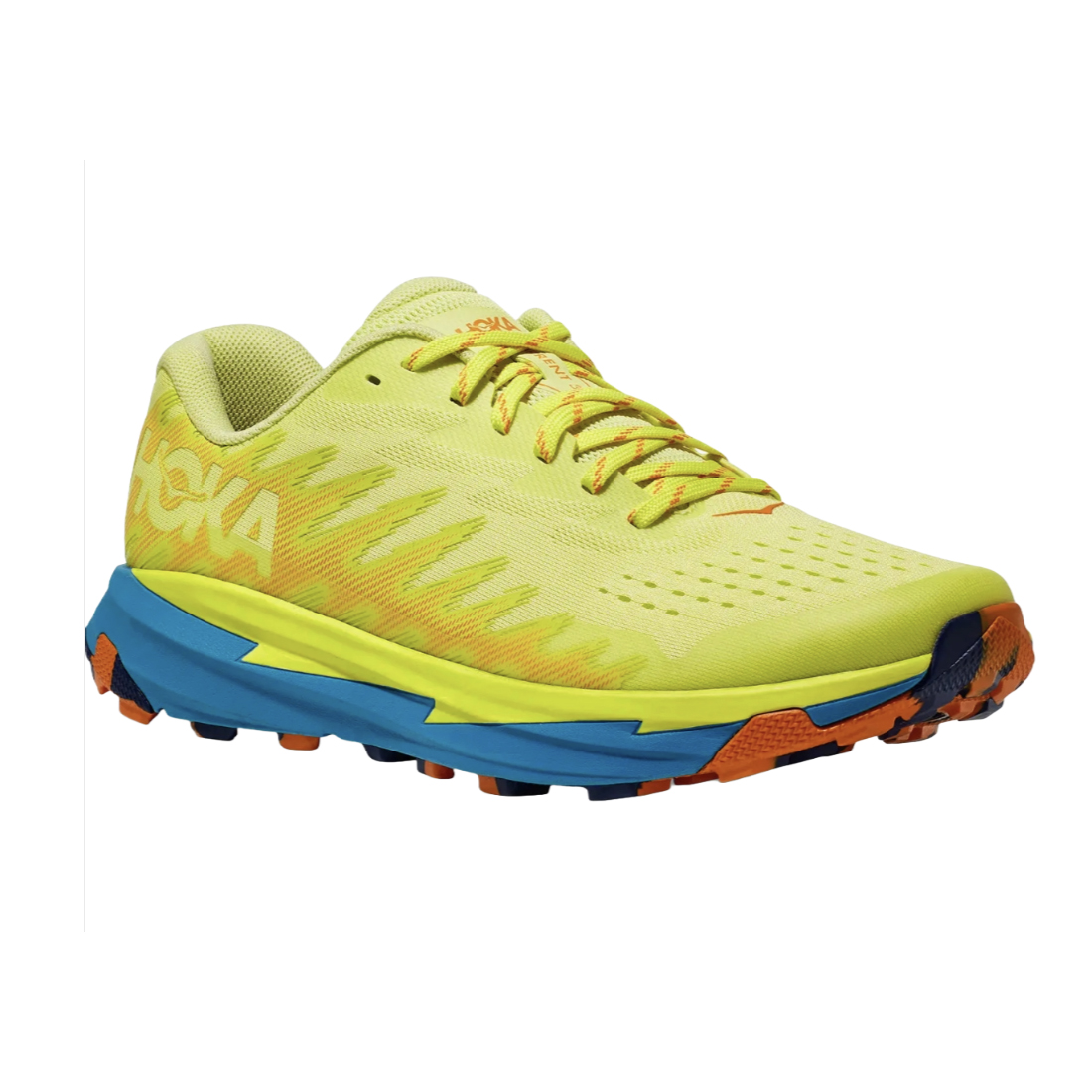 Bright yellow trail running shoe with blue and orange accents, featuring a cushioned sole and \“HOKA\“ branding on the side.