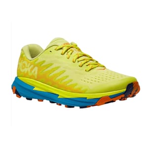 Bright yellow trail running shoe with blue and orange accents, featuring a cushioned sole and \“HOKA\“ branding on the side.