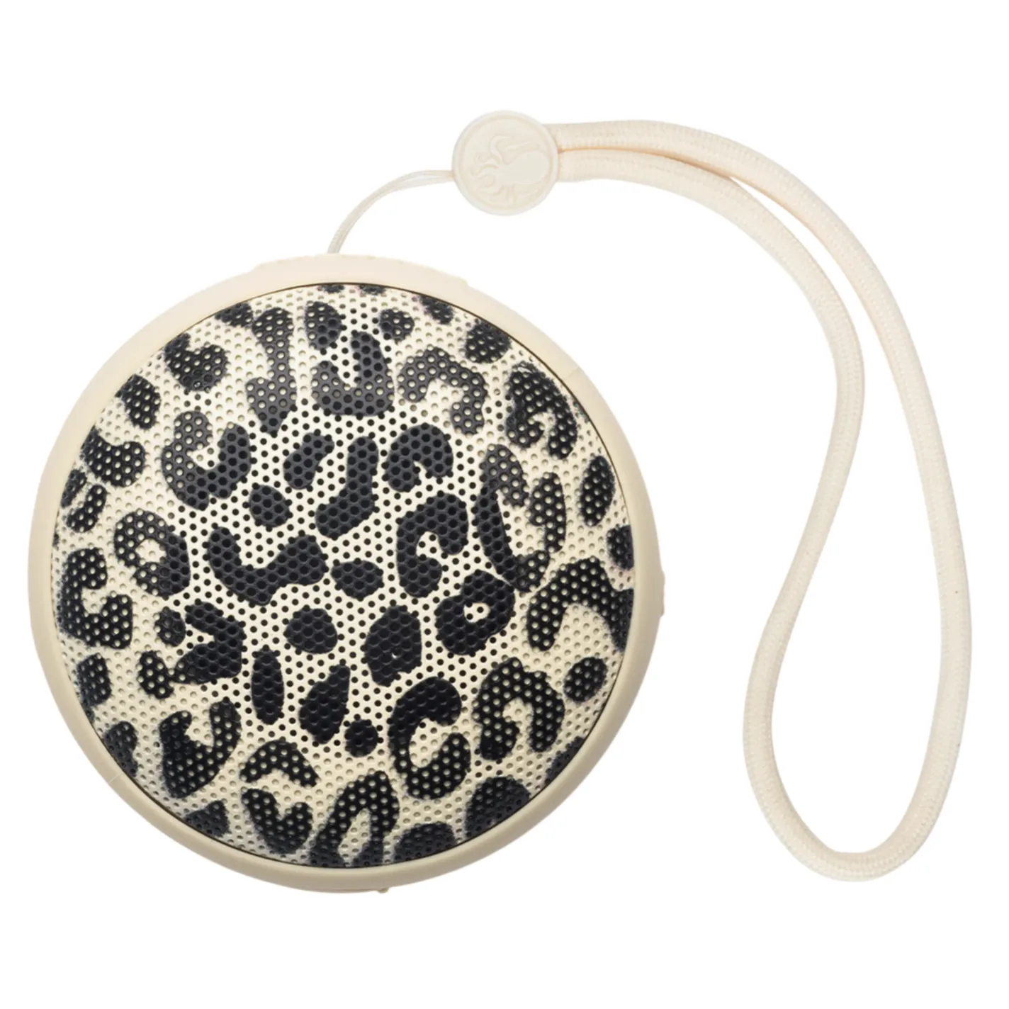 Round portable speaker with a leopard print pattern and beige trim, featuring a carrying strap.