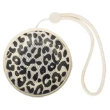 Round portable speaker with a leopard print pattern and beige trim, featuring a carrying strap.