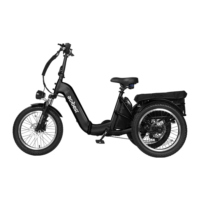 A black electric tricycle with two rear wheels, featuring a step-through frame, handlebar, and seat, designed for enhanced stability and comfort, suitable for urban commuting or leisurely rides.