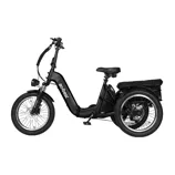 A black electric tricycle with two rear wheels, featuring a step-through frame, handlebar, and seat, designed for enhanced stability and comfort, suitable for urban commuting or leisurely rides.