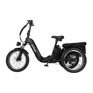 A black electric tricycle with two rear wheels, featuring a step-through frame, handlebar, and seat, designed for enhanced stability and comfort, suitable for urban commuting or leisurely rides.