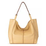 Yellow leather tote bag with brown handle and visible stitching.