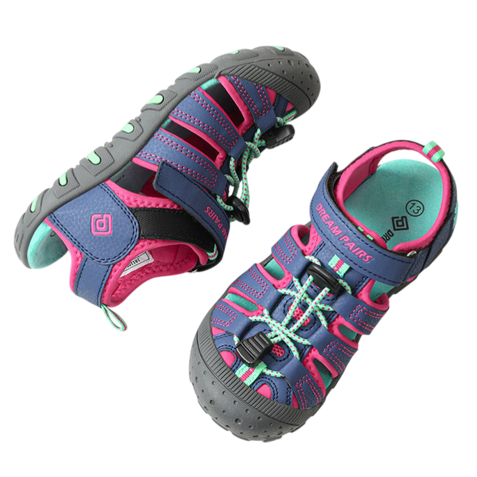 Blue and pink kids' sandals with secure fastening and non-slip soles, designed for easy wear and removal.