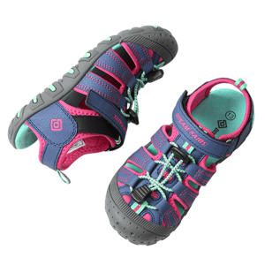 Blue and pink kids' sandals with secure fastening and non-slip soles, designed for easy wear and removal.