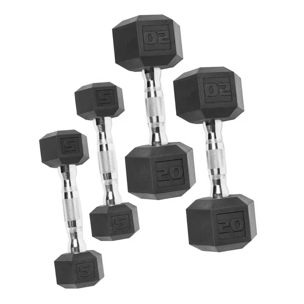 A set of hexagonal rubber-coated dumbbells with textured metal handles, shown in pairs of 5 and 20 pounds.