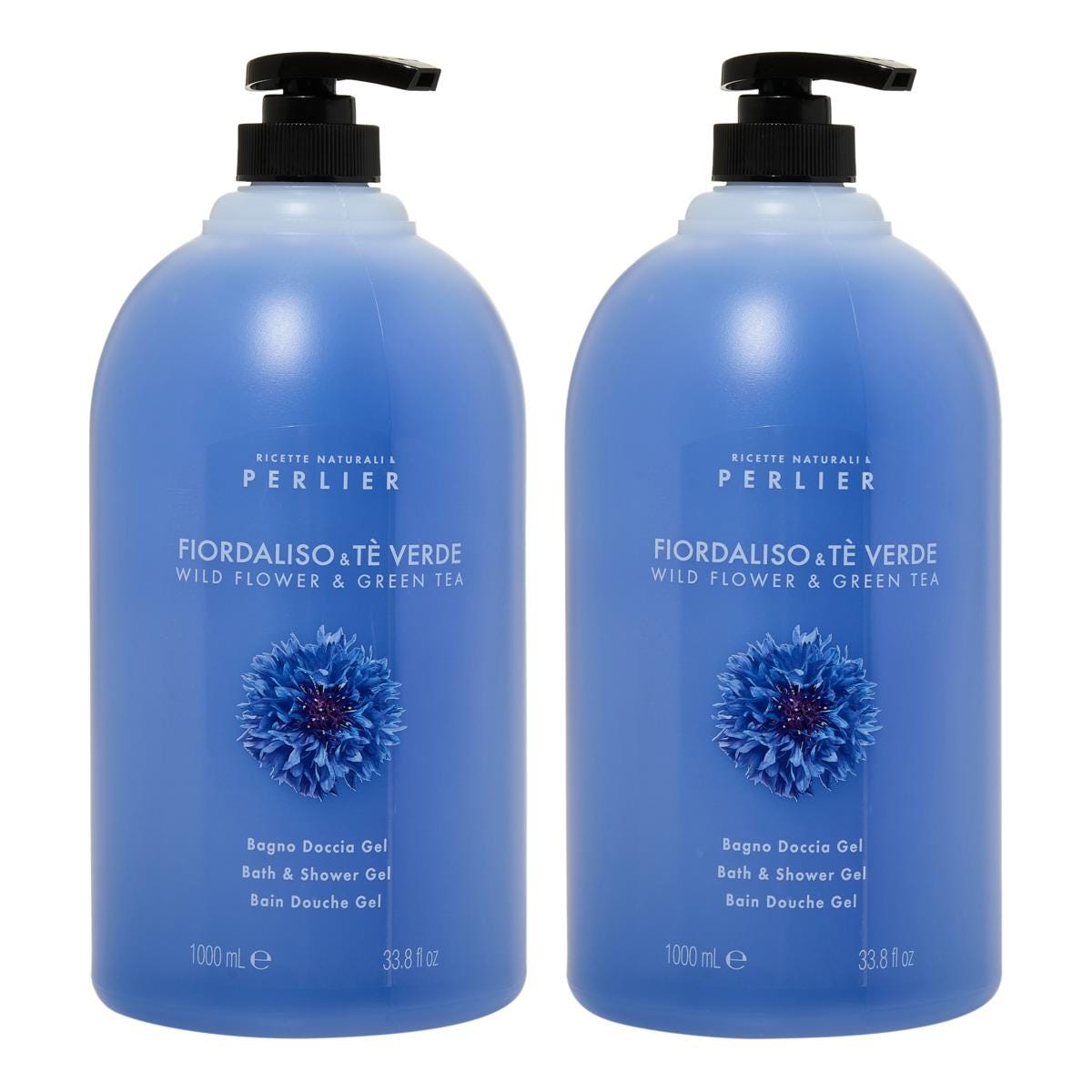 Perlier Fiordaliso & Té Verde Bath & Shower Gel in two 1000 mL bottles, featuring wild flower and green tea scent.