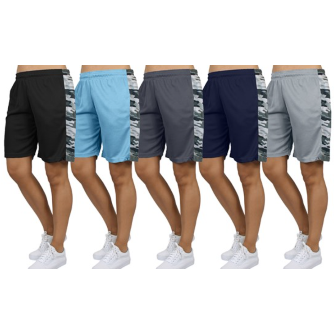 A lineup of six pairs of men's athletic shorts in various colors, all with a camo-print side stripe and sneakers.